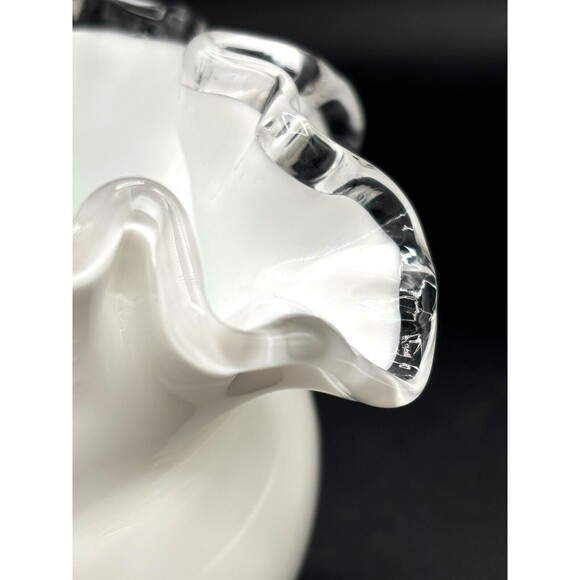 Fenton‎ Opaque White Milk Glass Bowl Vase Small Ruffled Silver Crest Clear Edged - Picture 9 of 16